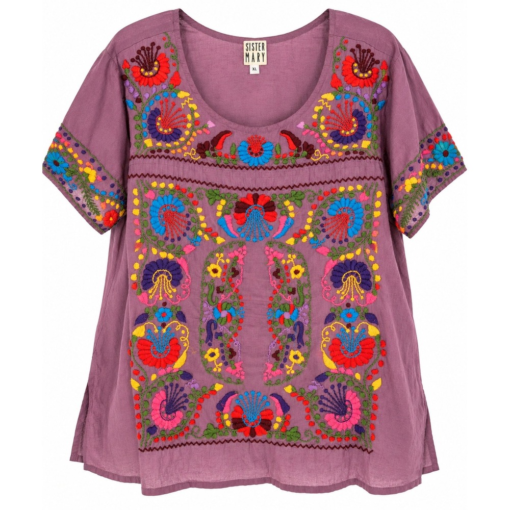 Sister Mary Embroidered Blouse Purple Multicolor Floral Short Sleeve Cotton XL